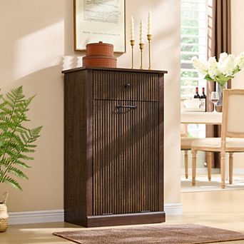 Tilt-Out Trash Cabinet, Wooden Hidden Garbage Can Cabinet with Drawer, with 10 Gallon Storage
