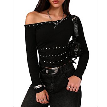 Women's Off-Shoulder Studded Crop Top Long Sleeve Ruched Blouse Edgy Casual Streetwear Shirt
