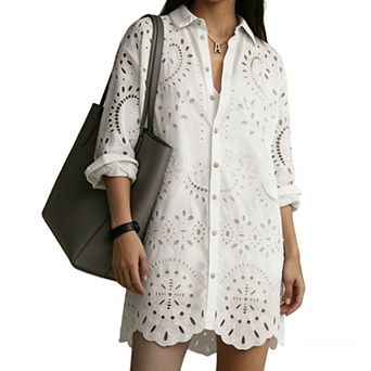 Women's Eyelet Embroidery Shirt Dress Button Down Collared Tunic Blouse Beach Cover Up