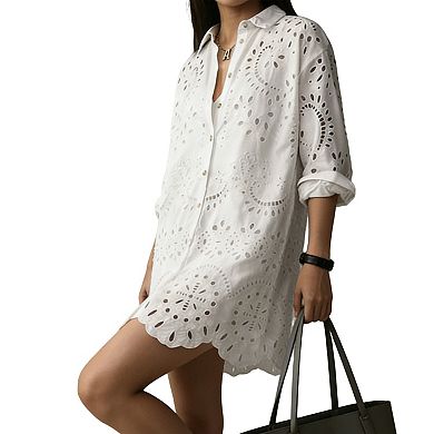 Women's Eyelet Embroidery Shirt Dress Button Down Collared Tunic Blouse Beach Cover Up