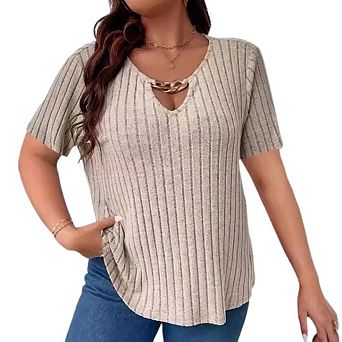 Women's Plus Size Short Sleeve T-shirts V Neck Casual Basic Stripe Fashion Pullover Tops