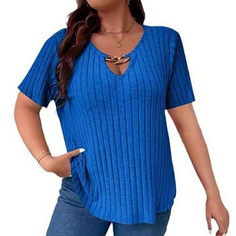 Women's Plus Size Short Sleeve T-shirts V Neck Casual Basic Stripe Fashion Pullover Tops