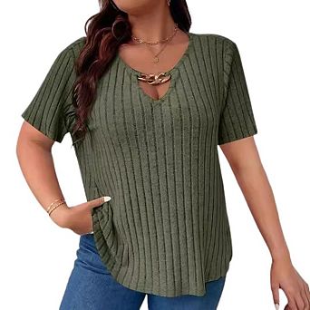 Women's Plus Size Short Sleeve T-shirts V Neck Casual Basic Stripe Fashion Pullover Tops