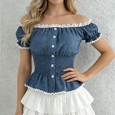 Women's Off Shoulder Puff Short Sleeve Lace Detail Front Button Smocked Peplum Top