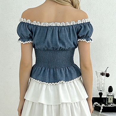 Women's Off Shoulder Puff Short Sleeve Lace Detail Front Button Smocked Peplum Top