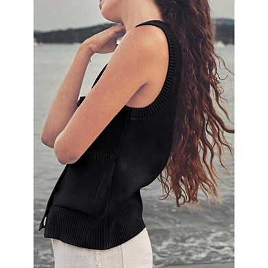 Womens Sweater Vest Summer Ribbed Tank Tops Sleeveless Button Down Shirts Scoop Neck Top