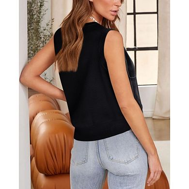 Womens Sweater Vest Summer Ribbed Tank Tops Sleeveless Button Down Shirts Scoop Neck Top