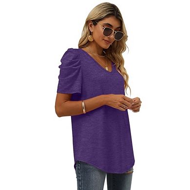 Womens Puff Long Sleeve Knit Pullover Sweaters Casual Dressy V Neck Rib Slim Fit Work Office Blouse