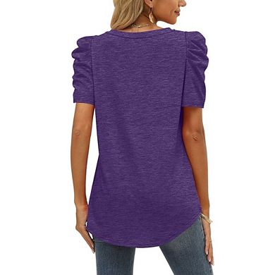 Womens Puff Long Sleeve Knit Pullover Sweaters Casual Dressy V Neck Rib Slim Fit Work Office Blouse