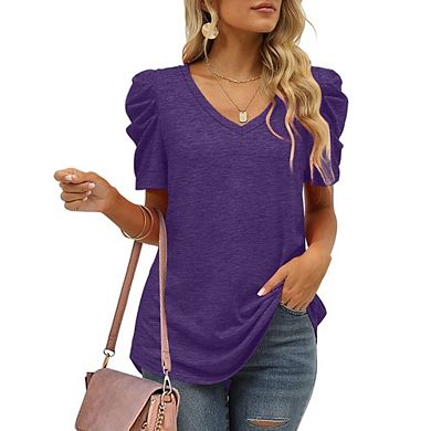 Womens Puff Long Sleeve Knit Pullover Sweaters Casual Dressy V Neck Rib Slim Fit Work Office Blouse