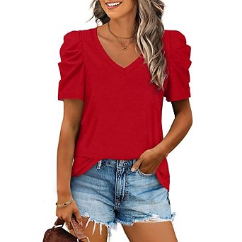 Womens Puff Long Sleeve Knit Pullover Sweaters Casual Dressy V Neck Rib Slim Fit Work Office Blouse