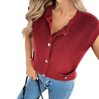Women's Crew Neck Sleeveless Button Front Rib Knit Vest Functional Side Pockets