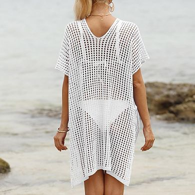 Women's Knit Cover Up V Neck Short Batwing Sleeves Sheer Side Drawstring Lightweight Beach Wear