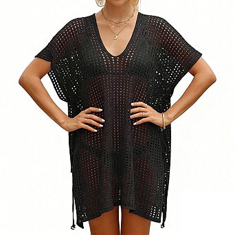 Women's Knit Cover Up V Neck Short Batwing Sleeves Sheer Side Drawstring Lightweight Beach Wear