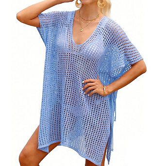 Women's Knit Cover Up V Neck Short Batwing Sleeves Sheer Side Drawstring Lightweight Beach Wear
