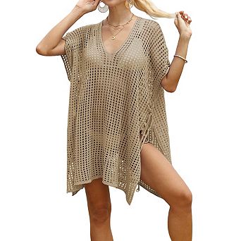Women's Knit Cover Up V Neck Short Batwing Sleeves Sheer Side Drawstring Lightweight Beach Wear
