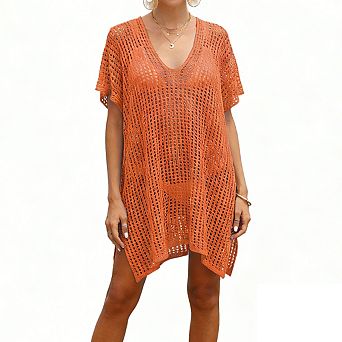 Women's Knit Cover Up V Neck Short Batwing Sleeves Sheer Side Drawstring Lightweight Beach Wear