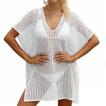 Women's Knit Cover Up V Neck Short Batwing Sleeves Sheer Side Drawstring Lightweight Beach Wear