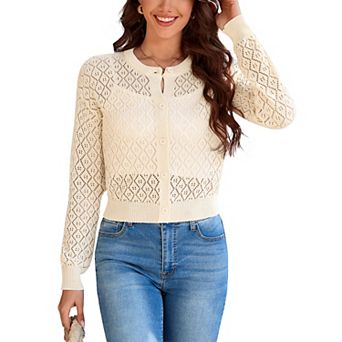 Womens Cropped Shrugs Cardigan Sweaters Summer Long Sleeve Button Down Hollow Out Knit Cover Up Top