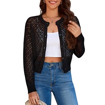 Womens Cropped Shrugs Cardigan Sweaters Summer Long Sleeve Button Down Hollow Out Knit Cover Up Top