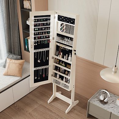 Jewelry Cabinet with Full-Length Illuminated Mirror and Stand, Lockable Storage Cabinet, White