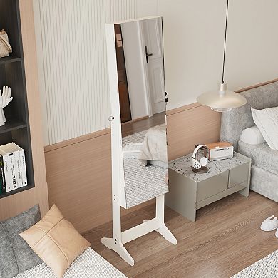 Jewelry Cabinet with Full-Length Illuminated Mirror and Stand, Lockable Storage Cabinet, White