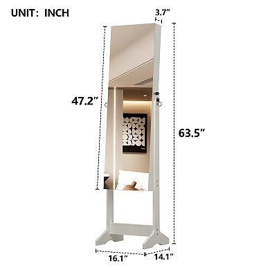 Jewelry Cabinet with Full-Length Illuminated Mirror and Stand, Lockable Storage Cabinet, White