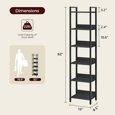 ZUQIETA 6-Tier Space-Saving Bookcase - Tall Storage Organizer for Small Rooms, Black
