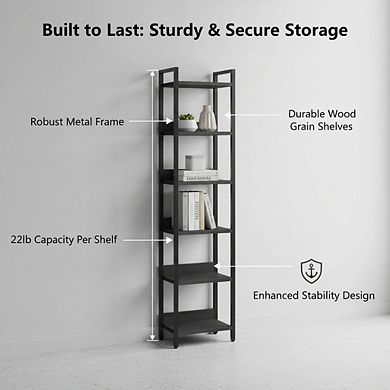 ZUQIETA 6-Tier Space-Saving Bookcase - Tall Storage Organizer for Small Rooms, Black