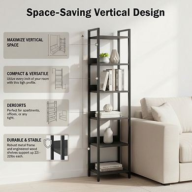 ZUQIETA 6-Tier Space-Saving Bookcase - Tall Storage Organizer for Small Rooms, Black