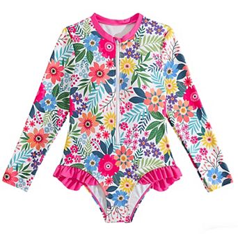 Girls' One Piece Rash Guard Swimsuit - Long Sleeve Floral Print Ruffled Bathing Suit for Beach Pool