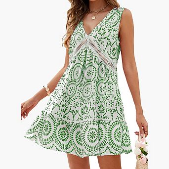 Women's Summer Fashion Printed Dress Hollow-Out Lace V-Neck Sleeveless Casual Ruffled Loose Dress