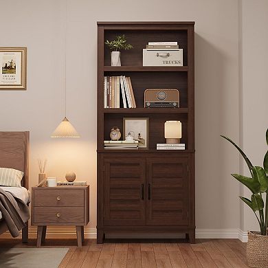 Farmhouse Bookshelf Adjustable Shelves,5 Tier Tall Bookcase with Wood Legs,Rustic Wooedn Book Shelf