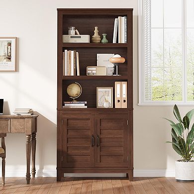 Farmhouse Bookshelf Adjustable Shelves,5 Tier Tall Bookcase with Wood Legs,Rustic Wooedn Book Shelf