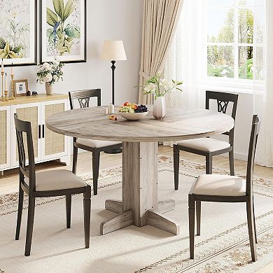 Round Dining Table for 4-6 People, Farmhouse Wood Kitchen Table with Sturdy Pedestal Base