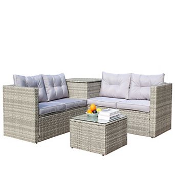 5 pc Wicker Outdoor Sofa Set with Gray Cushions and Storage Box for Lawn