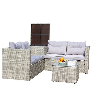 5-Piece Wicker Outdoor Sofa Set with Gray Cushions and Storage Box for Lawn
