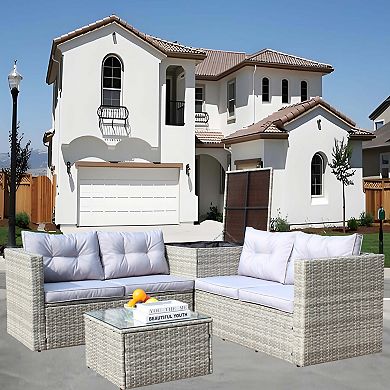 5-Piece Wicker Outdoor Sofa Set with Gray Cushions and Storage Box for Lawn