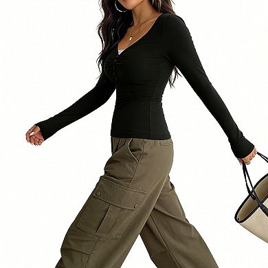 Women's V Neck Long Sleeve Crop Top Ruched Button Front Slim Fit Knit Blouse