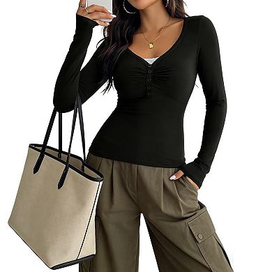 Women's V Neck Long Sleeve Crop Top Ruched Button Front Slim Fit Knit Blouse