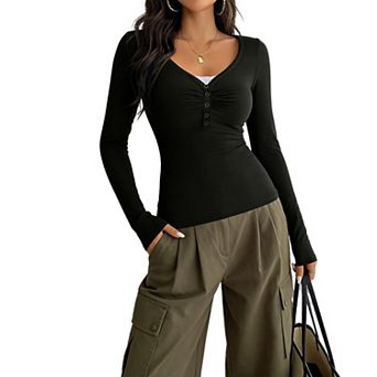 Women's V Neck Long Sleeve Crop Top Ruched Button Front Slim Fit Knit Blouse
