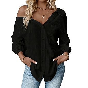 Women's Long Sleeve Off Shoulder Polo Neck Button Front Relaxed Fit Casual Blouse Tops