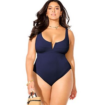 Swimsuits for All Women's Ribbed V-Wire One Piece Swimsuit