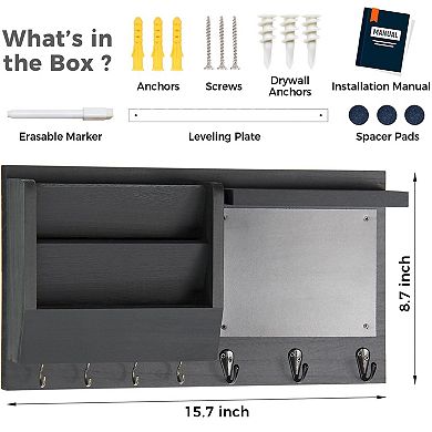 Wall Key Holder Mail Shelf 7 Hooks Entryway Organizer