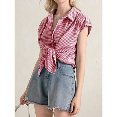 Women's Button Down Shirts Short Sleeve V Neck Collared Blouses Casual Plaid Tops