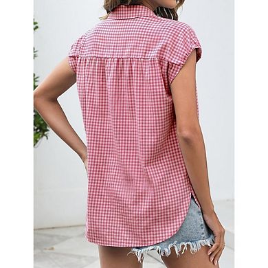 Women's Button Down Shirts Short Sleeve V Neck Collared Blouses Casual Plaid Tops
