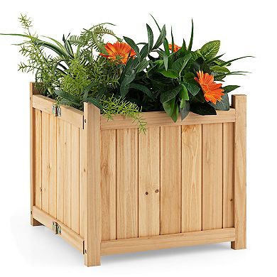 Costway 15" Wooden Planter Box Elevated Outdoor Folding Planter with Removable Bottom