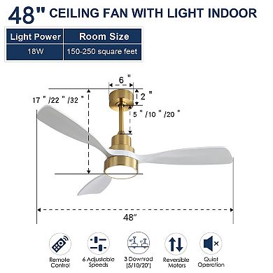 48 in. Wood Ceiling Fan With 3 Solid Wood Blades Remote Control Reversible DC Motor