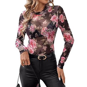 Women's Rose Floral Mock Neck Sheer Mesh Silm Fitted Long Sleeve Top Summer Casual Shirt Chic Blouse