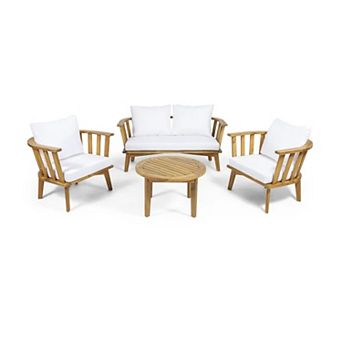 4 pc Acacia Wood Outdoor Sofa Set with Beige Cushions and a Coffee Table
